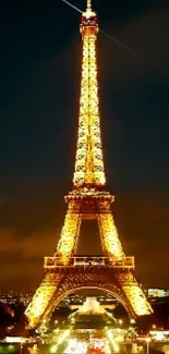 Eiffel Tower illuminated at night against a dark sky in Paris.