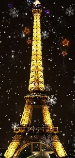 Golden Eiffel Tower at night with snowflakes and starry sky in Paris.