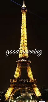 Eiffel Tower illuminated at night with 'Good Morning' text overlay.