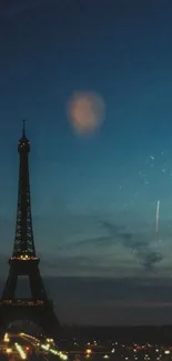 Eiffel Tower silhouetted against a beautiful Parisian night sky.