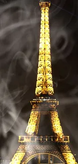 Eiffel Tower at night with glowing lights and smoke