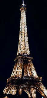 Illuminated Eiffel Tower against dark sky.