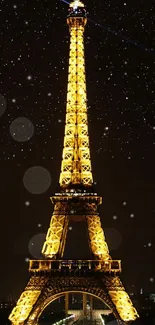 Eiffel Tower illuminated at night with stars.