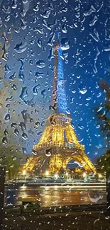 Eiffel Tower illuminated against a night sky with reflections in the water.