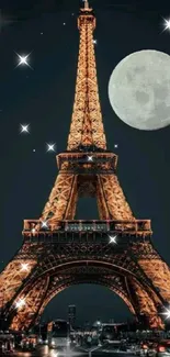 Eiffel Tower illuminated at night with full moon.