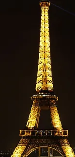 Eiffel Tower illuminated at night against a dark sky.