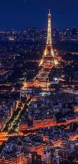 Eiffel Tower illuminated at night in Paris cityscape.