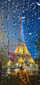 Eiffel Tower at night with red balloons in Paris cityscape.