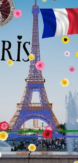 Vibrant Eiffel Tower with flag and Paris lettering in the background.