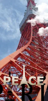 Eiffel Tower over Paris with peace text on blue sky background.