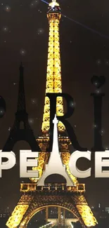 Illuminated Eiffel Tower with peace text overlay at night.