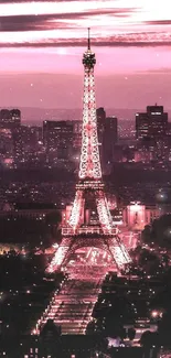 Eiffel Tower under pink sky in cityscape wallpaper.