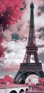 Eiffel Tower with pink tones and sky backdrop.