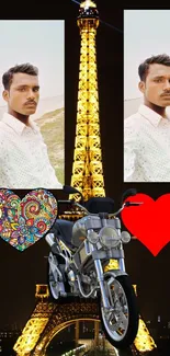 Eiffel Tower background with hearts and bike overlay.