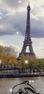 Eiffel Tower wallpaper with dolphin design and cloudy sky scene.