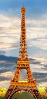 Eiffel Tower against a vibrant sky with golden hues, perfect for mobile wallpaper.