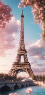 Eiffel Tower with cherry blossoms in springtime, under a pastel pink sky.