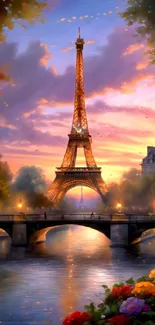 Stunning Eiffel Tower at sunset with vibrant colors and a serene Parisian backdrop.