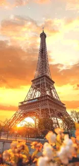 Eiffel Tower basked in vibrant sunset colors, creating a picturesque Paris backdrop.