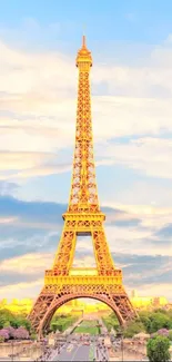 Eiffel Tower at sunset with a vibrant sky.