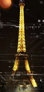 Illuminated Eiffel Tower with digital tech elements and a moon.