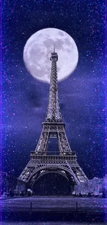 Eiffel Tower beneath a full moon against a starry night sky.