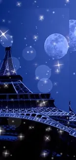 Eiffel Tower against a moonlit sky with sparkling stars and a blue backdrop.