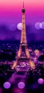 Colorful purple night view of the Eiffel Tower in Paris with vibrant bokeh lights.