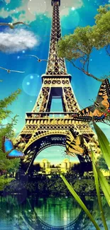 Vibrant Eiffel Tower with butterflies and lush greenery under a blue sky.