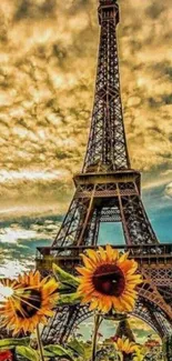 Eiffel Tower with sunflowers against a golden sky background.