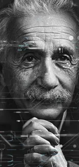 Black and white wallpaper of Einstein with circuit design.