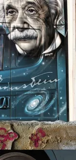 Einstein galaxy art on a blue truck, creatively designed.