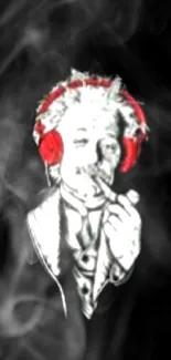 Einstein with red headphones on a smoky black background.