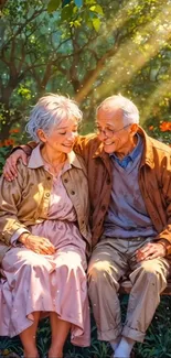 Elderly couple sitting on a park bench, smiling.
