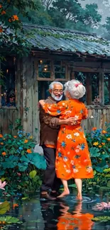 Elderly couple dancing by a flowered cottage, surrounded by vibrant nature.