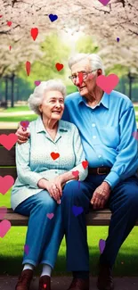 Elderly couple enjoying a serene moment on a park bench under cherry blossoms.