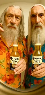 Two elderly men in floral shirts holding beers.