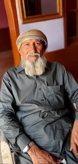 Elderly man in traditional attire sitting calmly at home.