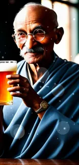 Elderly man in blue shawl holding a beer mug.