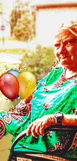 Elderly woman in green dress with colorful balloons on a chair.