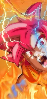 Anime character with red hair and electric energy on an orange background.