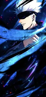 Anime character with electric blue highlights on a dark background.