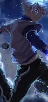 Electrifying anime character in action pose with blue and purple hues.