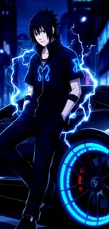 Anime character with electric blue effects on a city street.