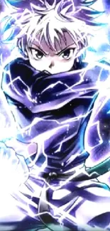 Anime character with electric energy, in vibrant blue and purple hues.