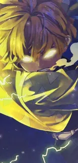 Anime character with glowing eyes and electric effects, vibrant yellow theme.