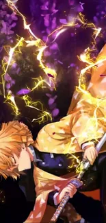 Anime character with lightning power in vibrant scene.