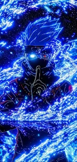 Anime character surrounded by blue energy swirls on a dynamic background.