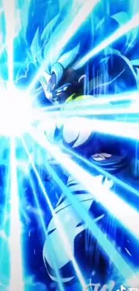 Anime character with blue energy burst in dynamic action scene.