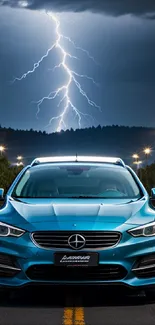 Electric blue car under bright lightning-filled sky at night.